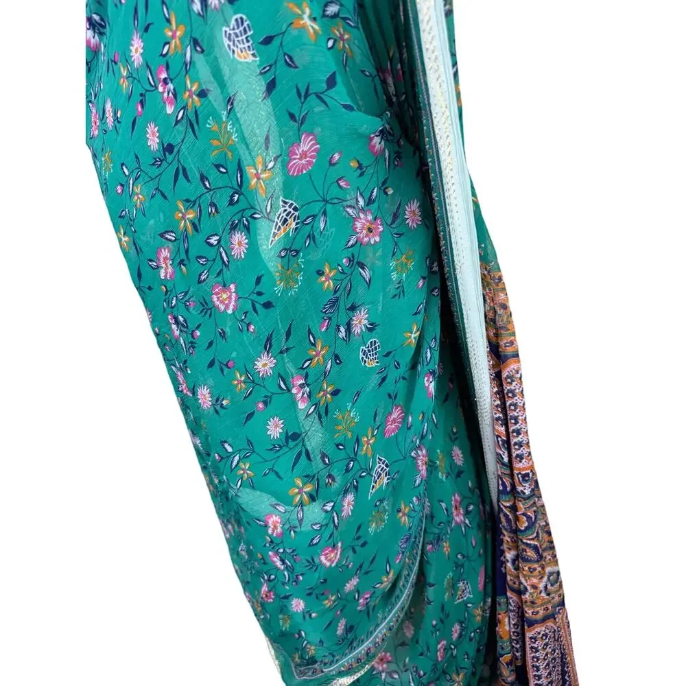 Green Brown Long Scarf Silk Floral Around Neck Rectangle Shaped Regular Fit